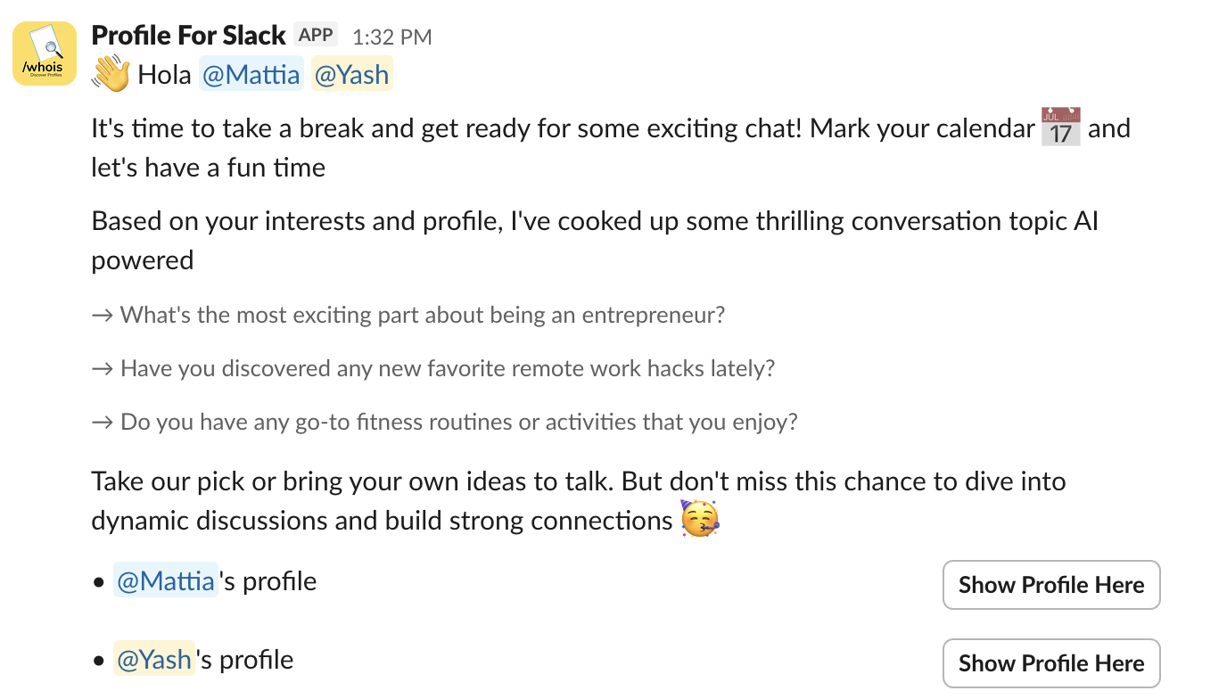 AI-powered Slack coffee chat bot with icebreaker suggestions