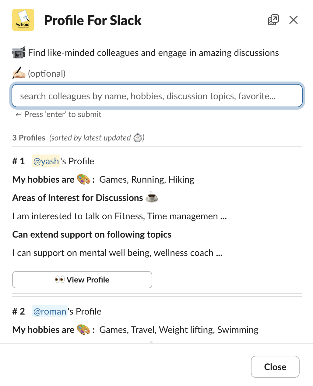 Slack colleague connection and coffee chat matching